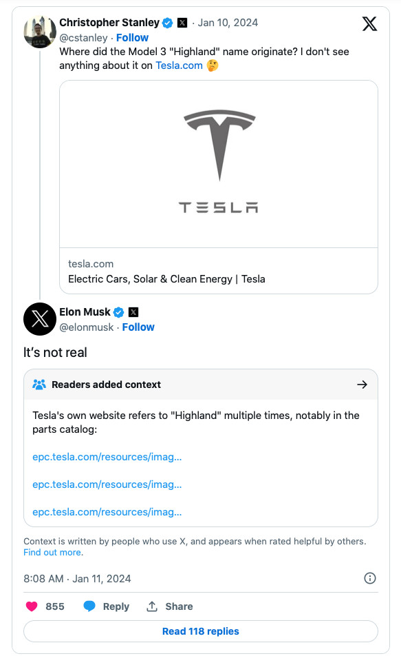 Elon Musk post on X about Tesla model 3 highland